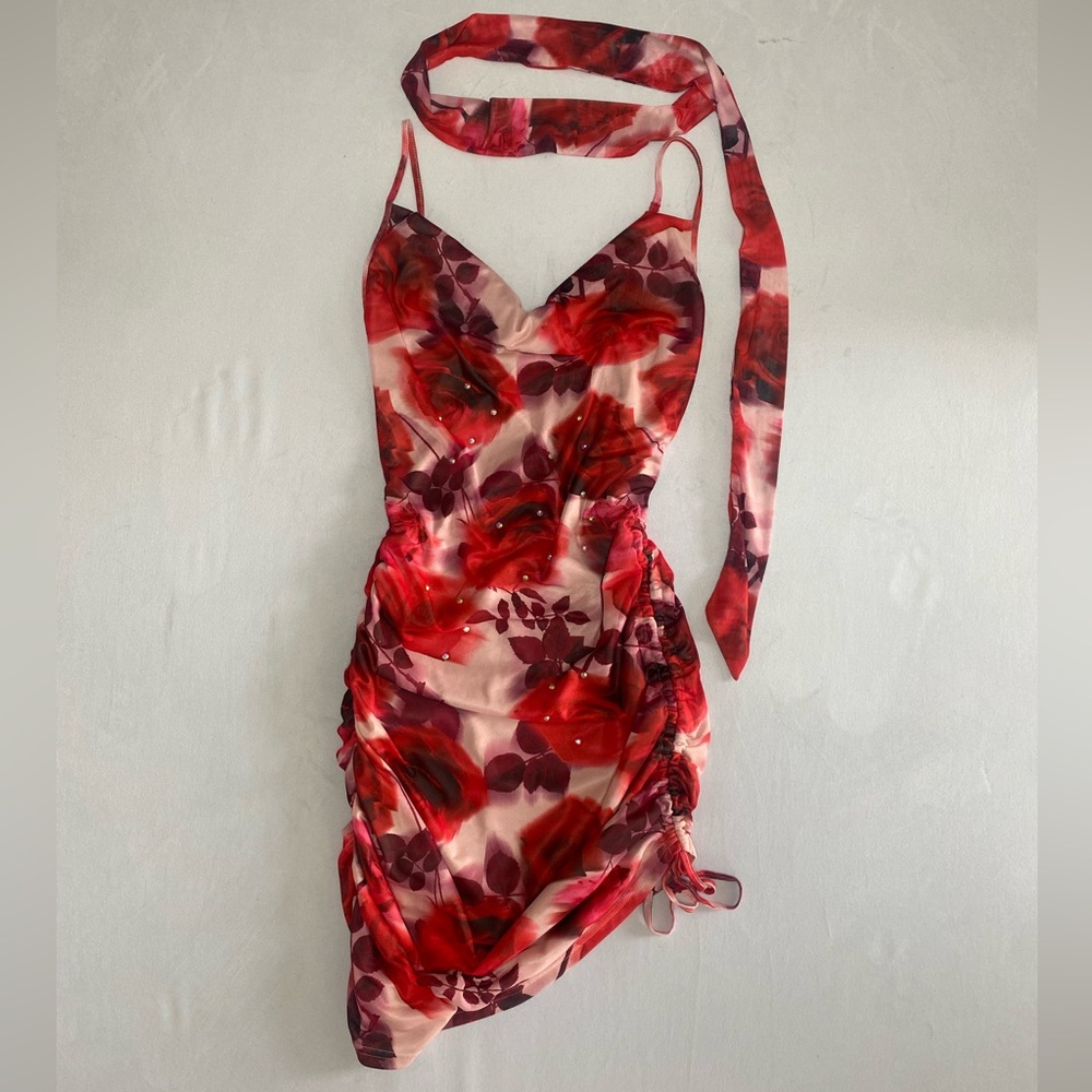 RED FLORAL COWL NECK MINI DRESS